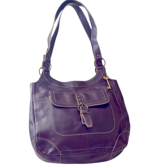 Fossil Handbags - Fossil Vintage purple/plum  leather bag with attached key,